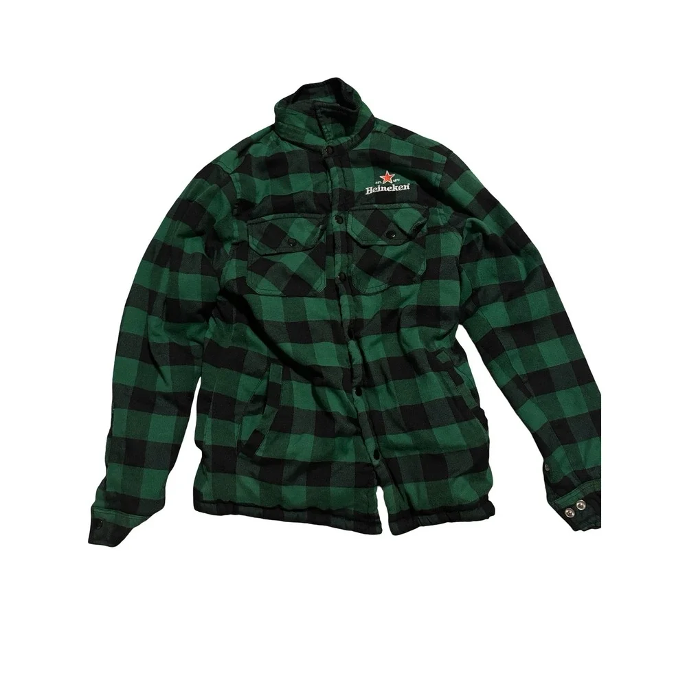 Heineken Mens Green Black Buffalo Plaid Sherpa Lined Snap Shirt Jacket Small